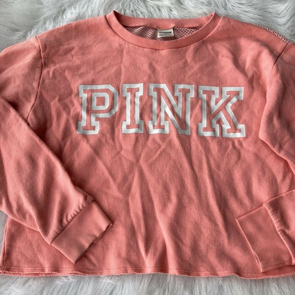 PINK Victoria’s Secret Sweatshirt Sz M Pink LS Crop Top Mesh Back Trendy Teens - Picture 4 of 10